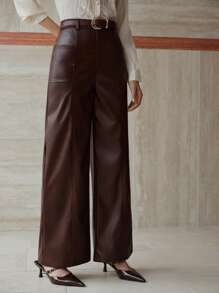 MOTF PREMIUM PU 皮革缝线前扣腰带阔腿裤