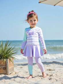 2 件女童时尚户外运动多巴胺印花长袖防晒泳衣套装，防晒分体泳衣，新款时尚