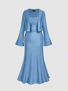 SHEIN MOD Conjunto de 2 piezas de talla grande en azul, compuesto por cárdigan y vestido midi para mujer - Azul - Ver 5
