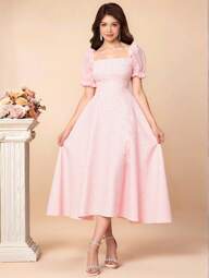 Pitira Pitira Vestido elegante para fiesta de niñas adolescentes con cuello cuadrado, manga abullonada de malla, volantes y jacquard floral en color rosa