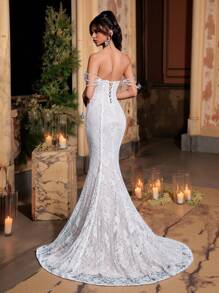 Glamrae Đầm ren trễ vai sang trọng lãng mạn thanh lịch với dây ngọc trai giả, cổ áo hình trái tim, eo xương cá, đính đá giả, xẻ tà, gấu váy đuôi cá dài, thích hợp cho kỳ nghỉ, tuần trăng mật, đám cưới, váy cưới - trắng - Xem 6