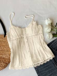 SHEIN Tall CURVE Top de camiseta ajustada con parches de encaje de unicolor de talla grande para el Día de San Valentín - Albaricoque - Ver 3