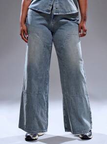 MUSERA Plus Size Women Low Rise Seam Detail Wide Leg Denim Jeans Summer Streetstyle Vacation Holiday 90's Y2k Cute Casual City Muse