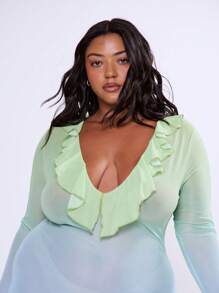 MUSERA Plus Size Plunge V Neck Ruffle Trim Floral Print Long Sleeve Dress Wedding Guest Elegant Prom Graduation Summer