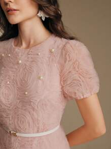 Anewsta 女士优雅约会之夜短袖褶皱泡泡袖花卉串珠长裙，腰部细节，面料拼接，春夏节/毕业 - 粉色 - 查看 3