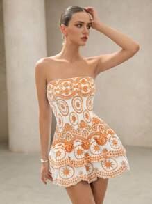 Aveloria Rosie New Chic Vacation Sexy Women Fashion Refreshing Seaside Minimalist Rivet Embroidered Totem Strapless Double Ruffle Hem Fitted Waist Short Dress