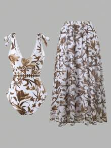 Swim Oasis Maiô Estampa Floral com Laço Decote em V sem Manga & Saia de Tule 2 Peças Conjunto de Praia para Mulheres, Premium - Multicolorido - Visão 2