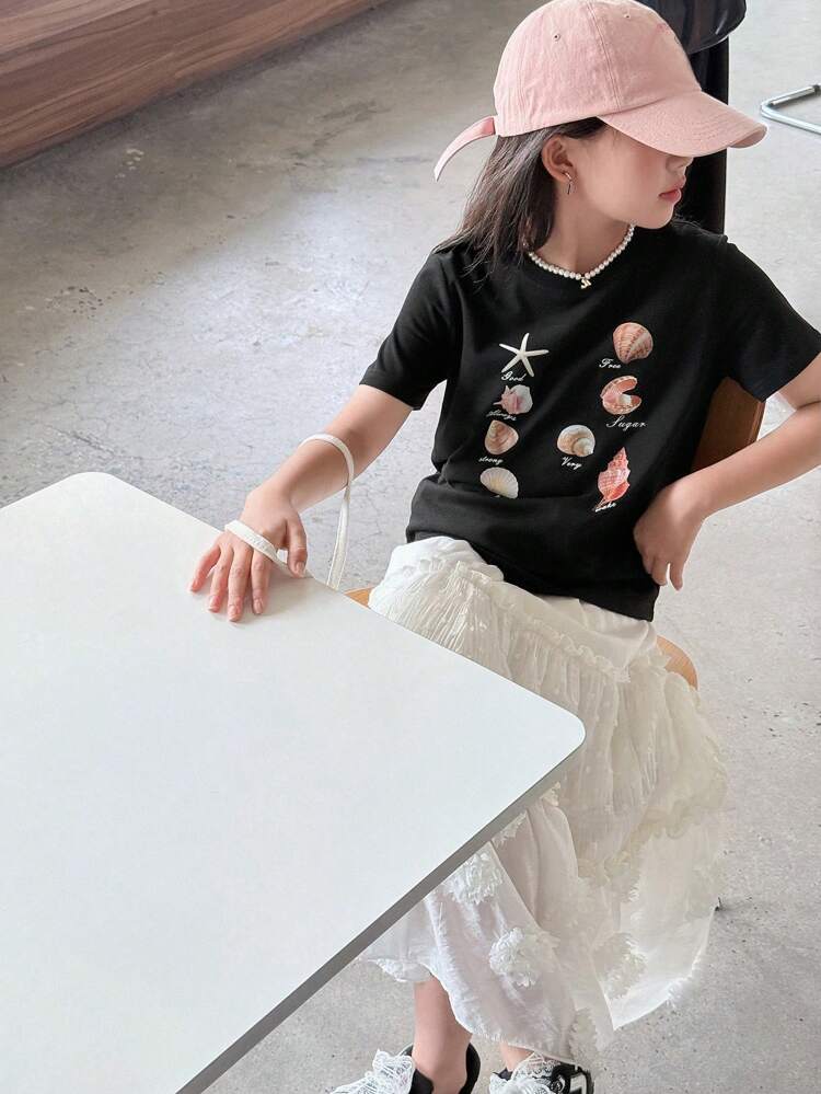 Tween Girls Round Neck Print Short Sleeve Knitted T-Shirt, Autumn,Back To School Clothes