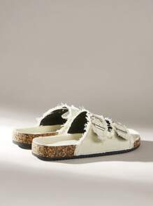 Solecia Giày đế bằng mũi tròn Boken tua rua & đá giả kim cương cho nữ, quai khóa đôi, thoải mái, phù hợp để mặc hàng ngày, dự tiệc, đi làm, đa năng - Màu vàng - Xem 4