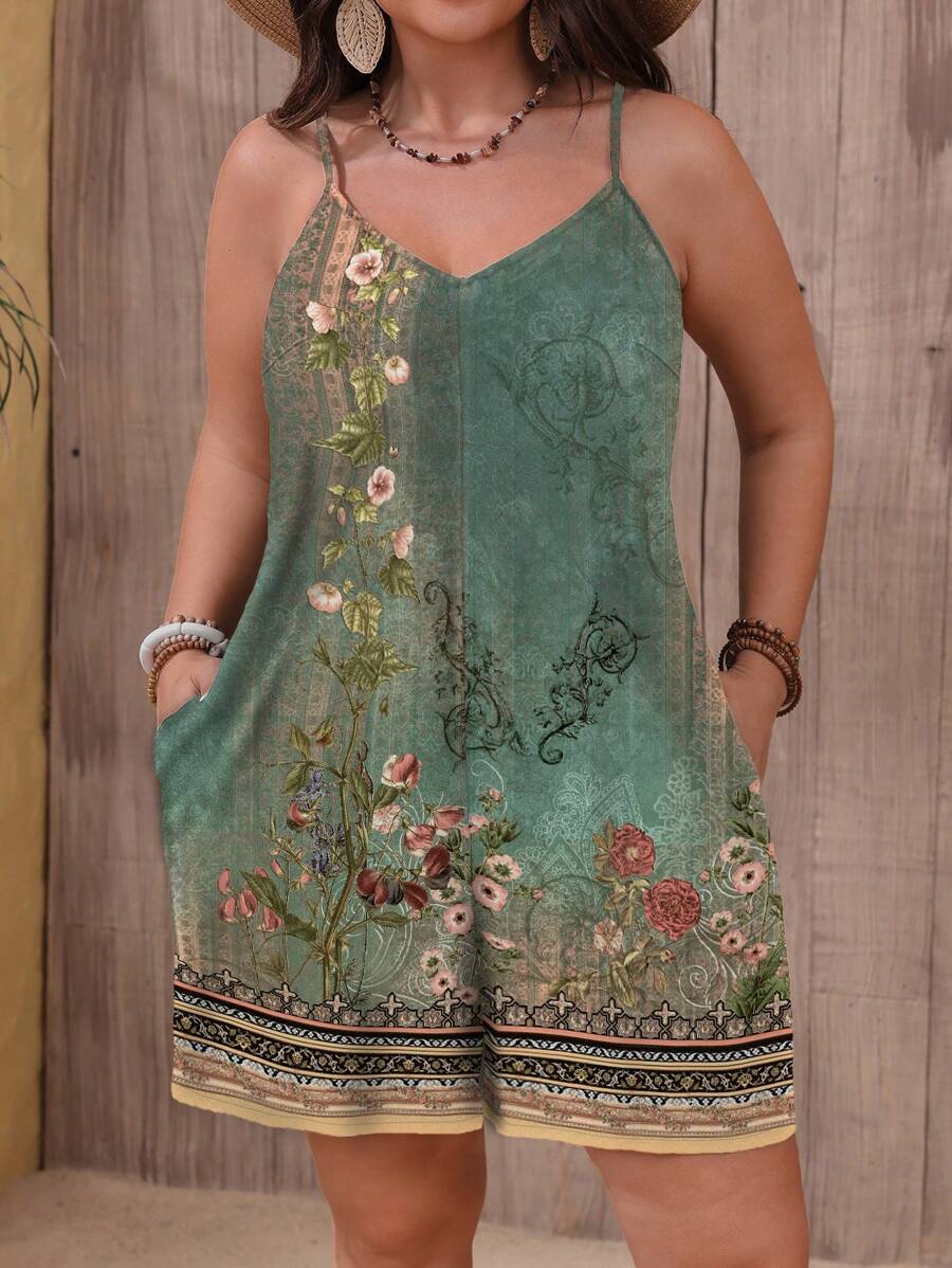 EMERY ROSE VCAY 度假村花卉印花休闲宽松连体裤，适合大码，夏季 - 綠色 - 查看 1