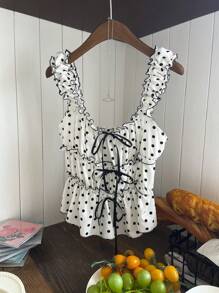 Comfortcana Women's Summer Polka Dot Contrast Color Ruffle Trim Camisole - Black and White - View 4