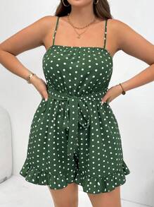 SHEIN Essnce Plus Size Women's Spring And Summer Fashion Casual Comfortable Cool Daily Green Polka Dot Waist Suspender Jumpsuit Shorts, Ruffled Shorts,Curve Cute Clothes,Flowy Jumpsuit Shorts,Beach Outfits For Woman,Vacation Outfits,Boho,Cruise Outfits,Hawaii Outfits Women,European Summer,Ibiza - Green - View 3