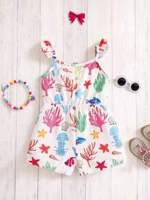 SHEIN Baby Girl Casual Knitted Stretch Cute Cartoon Pattern Romper, Suitable For Summer