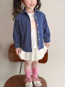 年轻女孩休闲日常都市学院风印花牛仔衬衫 - 深色水洗藍 - 查看 2