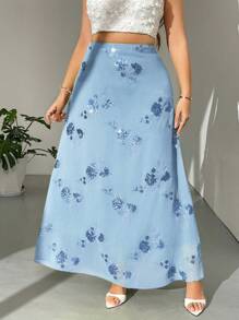 Firerie Falda de talla grande para mujeres con dobladillo fluido y bordado floral elegante