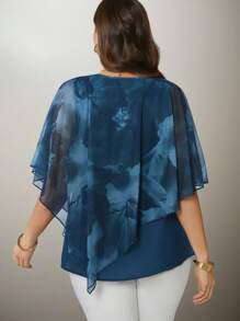 Flouryn 大码女式优雅网眼衬衫、飘逸斗篷衬衫、休闲时尚 - 綠色 - 查看 2