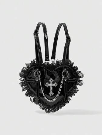 Goth Mochila de estilo punk con decoraciones de corazón y cruz, apropiada para uso diario de mujeres