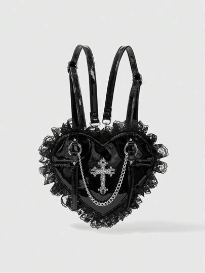 Goth Punk Style Fashion Backpack With Heart & Cross Decorations, Suitable For Women's Daily Use, School Backpack