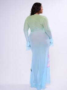 MUSERA Plus Size Plunge V Neck Ruffle Trim Floral Print Long Sleeve Dress Wedding Guest Elegant Prom Graduation Summer