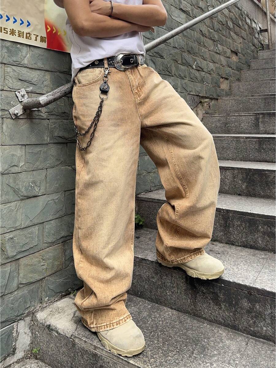 Manfinity EMRG Men's Long Khaki Denim Stacked Wide Leg Jeans Avant-Garde Street Style With Chain Accent