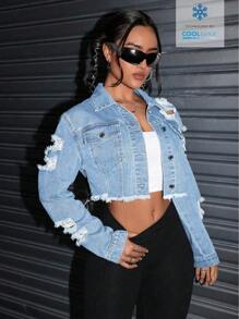 SHEIN Casual Distressed Washed Cropped Denim Jacket