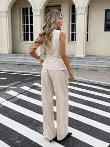 SHEIN Frenchy Women's Solid V-Neck Sleeveless Single-Breasted Metallic Buckle Casual Top And Pants 2 Pieces Set, Neckline Pleated Design,Metal Button  Sleeveless Top And Pants Two-Piece Set,Imple Fashion Elegant Office,Business For Commuting,Linen-Like Bamboo Pattern Stretch Fabrics