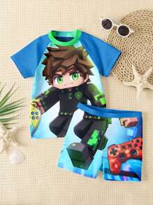 Conjunto de traje de baño informal para niño con camiseta de manga corta de cuello redondo con estampado de dibujos animados y pantalones cortos, apto para el verano