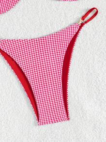 Swim Mod 2 件套女士性感波尔卡圆点印花金色配饰细肩带短款上衣和比基尼泳装套装，夏季 - 紅色 - 查看 4