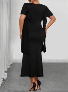 Elenzga Vestido de manga corta de unicolor y minimalista para mujer de talla grande - Negro - Ver 2