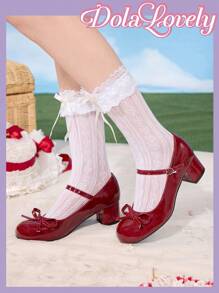 Dola Lovely Zapatos de tacón alto con lazo tipo Mary Jane, lindos y elegantes, para primavera/Pascua - Burdeos - Ver 3