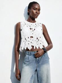 Maija 休闲优雅水溶蕾丝女士A字背心休闲罩衫，适合春夏度假、海滩装扮、夏季穿着、女装、独立日 - 白色 - 查看 3