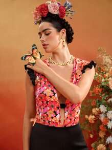 Frida Kahlo X SHEIN X Designer The Perfect Party Mono sin mangas con volantes y pantalón acampanado con estampado floral negro para mujeres, conjunto para vacaciones y días festivos