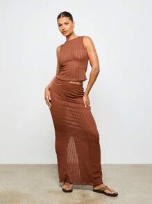 AiiRZ Ribbed Knit Co-Ord Set Sleeveless Tank Maxi Skirt Fall Festival Resort Beach Vacation Loungewear Two Piece Set