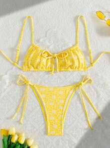 Swim Mod Women Summer Beach Vacation Jacquard Fabric Drawstring Crop Top Yellow Bikini Set - Yellow - View 3