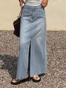 Livesso Summer New Music Festival Loose Casual Beach Vacation Style Women Skirt Jeans Skirt - Light Wash - View 5