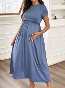 SHEIN Maternity Solid Color Round Neck Short Sleeve Casual Breastfeeding Dress - Blue - View 3