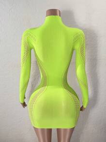 BamGleam Sexy Neon Green Hollow-Out Bodycon Mini Dress - Green - View 2
