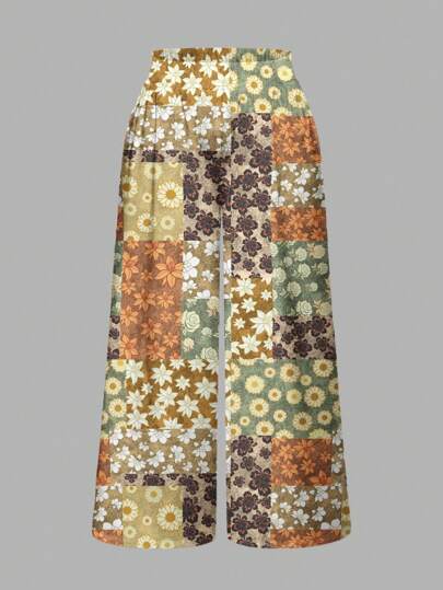 Fairycore Pantalones anchos de pierna ancha con estampado floral, estilo naturaleza/gótico, tallas grandes, para el verano