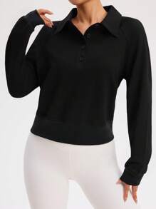 Easithlete Solid Color Casual Versatile Pullover Long Sleeve Sweatshirt - Black - View 3