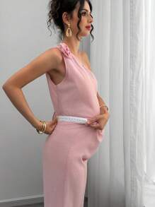 SHEIN 2 Pieces Set Pregnant Women Oblique Collar Floral Print Sleeveless Top And Adjustable Waist Pants - Pink - View 7