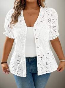 Flouryn Plus Size Women Embroidered V-Neck Puff Sleeve Button Down Shirt - White - View 6