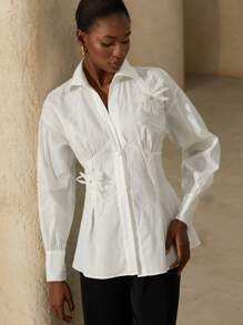 Aveloria Elegant sophisticated französischer Stil Damen Büro Pendler hochwertiges luxuriöses Design strukturierter floraler Dekor Kragen tailliert schlanke Passform Langarmbluse - Weiss - Übersicht 5