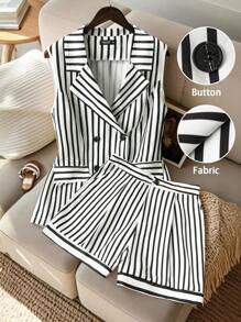 SHEIN Clasi Plus Size Women Lapel Tie Decoration Vest Elastic Waist Zipper Shorts Set, Suitable For Casual Commute