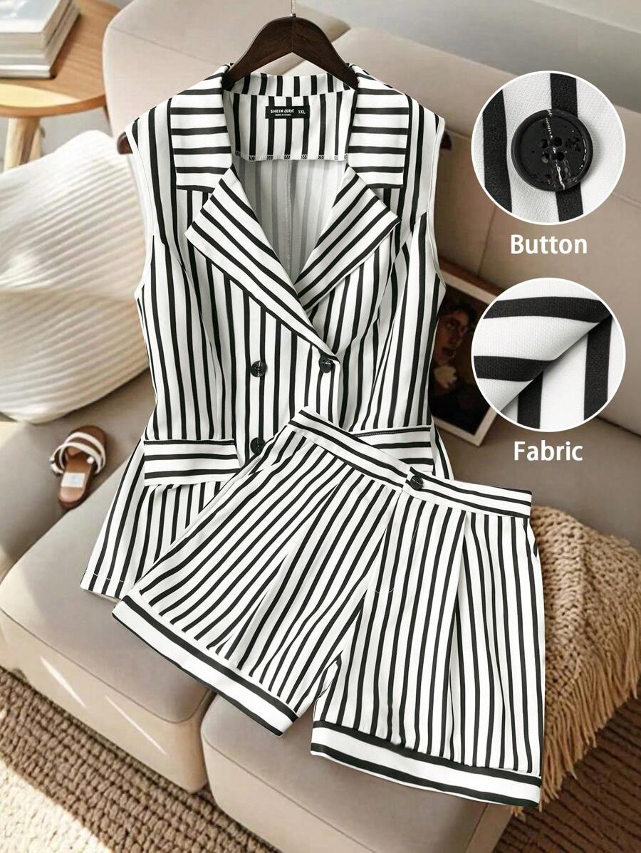SHEIN Clasi Plus Size Women Lapel Tie Decoration Vest Elastic Waist Zipper Shorts Set, Suitable For Casual Commute
