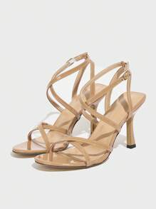 CUCCOO SZL 女士尖头性感漆皮 PU 交叉扣带罗马派对细高跟凉鞋 - 卡其色 - 查看 3