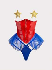 Fantasy Costume 3 件胸前镂空拉链荷叶边透明胸垫 + 胸罩 + 内裤女士内衣服装 - 紅色 - 查看 1
