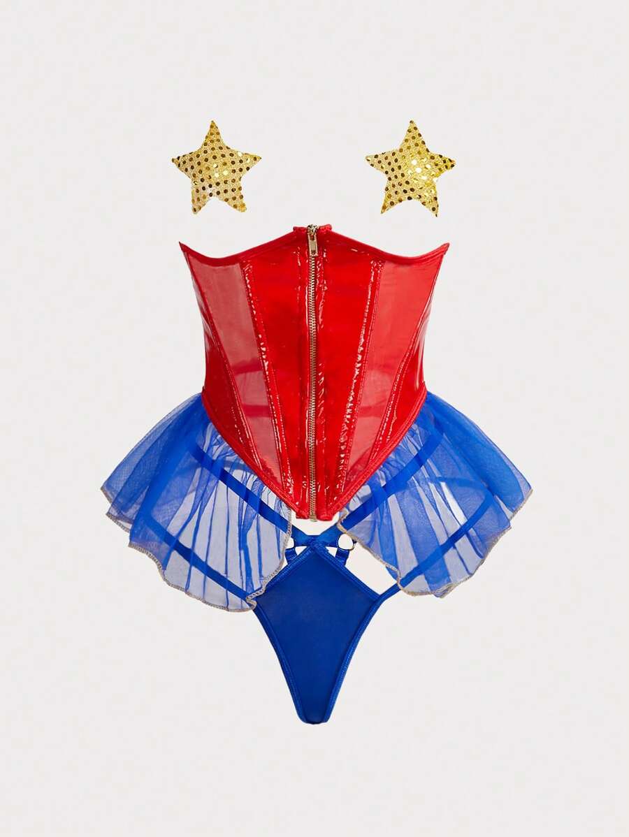 Fantasy Costume 3 件胸前镂空拉链荷叶边透明胸垫 + 胸罩 + 内裤女士内衣服装 - 紅色 - 查看 1