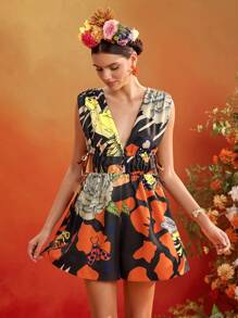 Frida Kahlo X SHEIN X Designer ISELACOS Mono de verano para mujer con cuello en V profundo, sin mangas, cordón ajustable y estampado completo