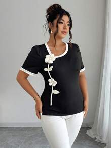 Elenzga Áo thun họa tiết hoa 3D thanh lịch cỡ lớn, mùa hè - màu đen - Xem 5