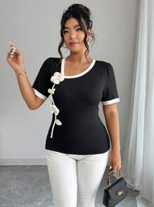 Elenzga Áo thun họa tiết hoa 3D thanh lịch cỡ lớn, mùa hè - màu đen - Xem 6